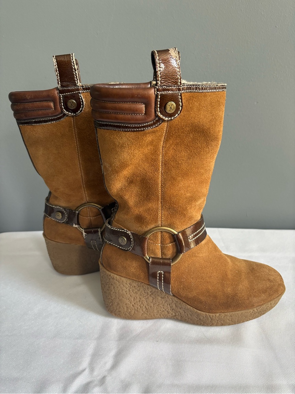 VTG Cole Haan Cognac Suede Wedge Harness Boots